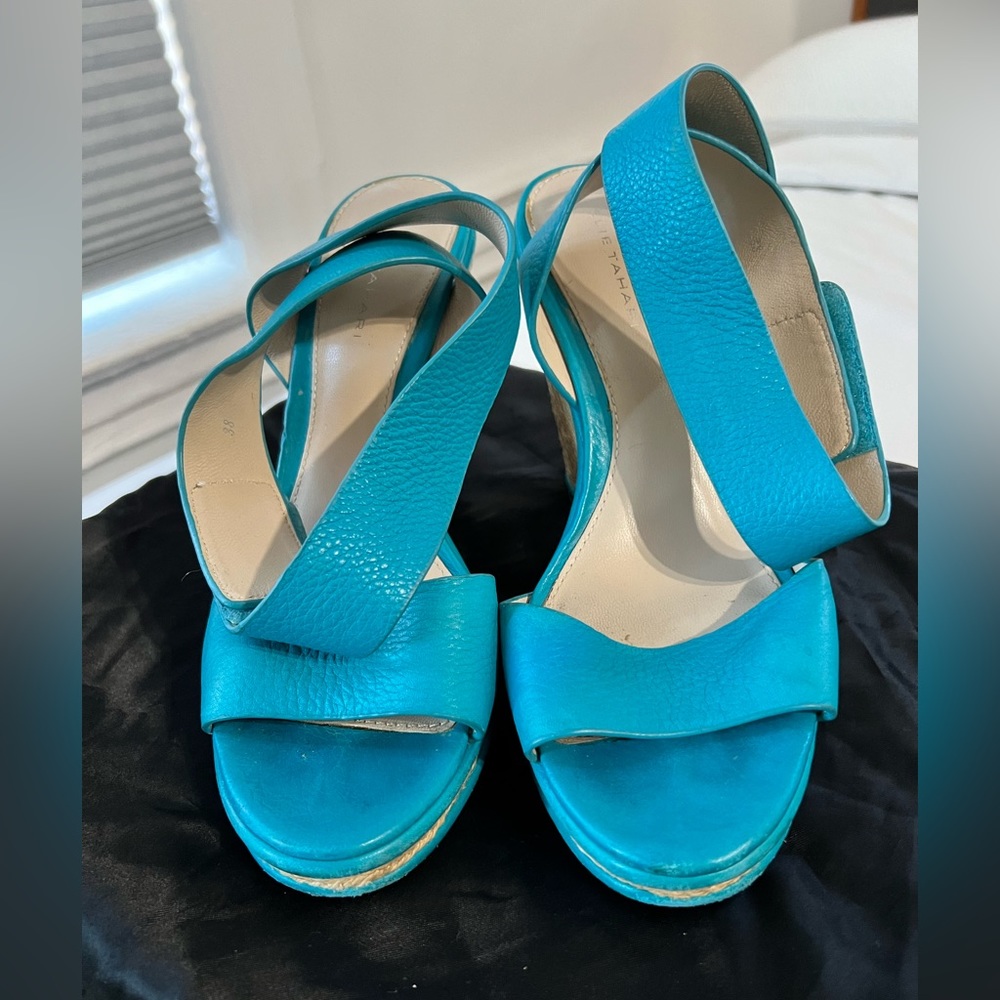 Elie Tahari turquoise ankle strap wedges